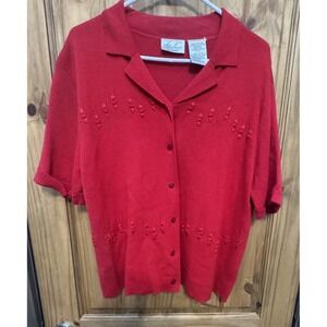 Kathie Lee Women's Plus 14W-16W Red Knit Short Sleeve Button‎ Up Top Embroidered